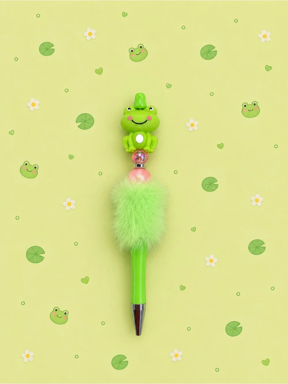 Handmade frog beaded pen with a Green rhinestone frog keychain/bag charm